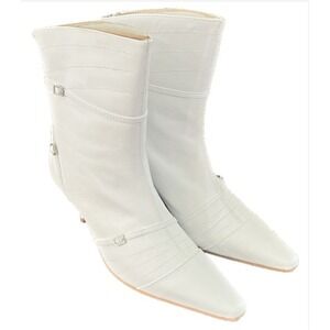 Andrea Coleccion Womens White Leather Pointed Toe Kitten Heel Boots 8C New MX 25